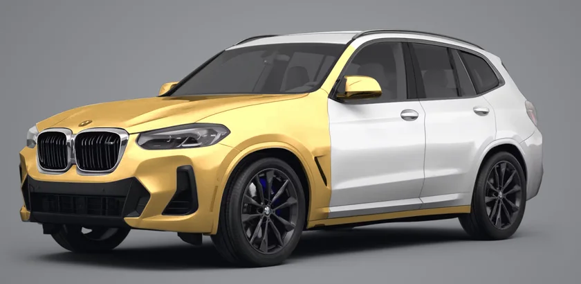 Track Package PPF coverage shown in gold on a white SUV